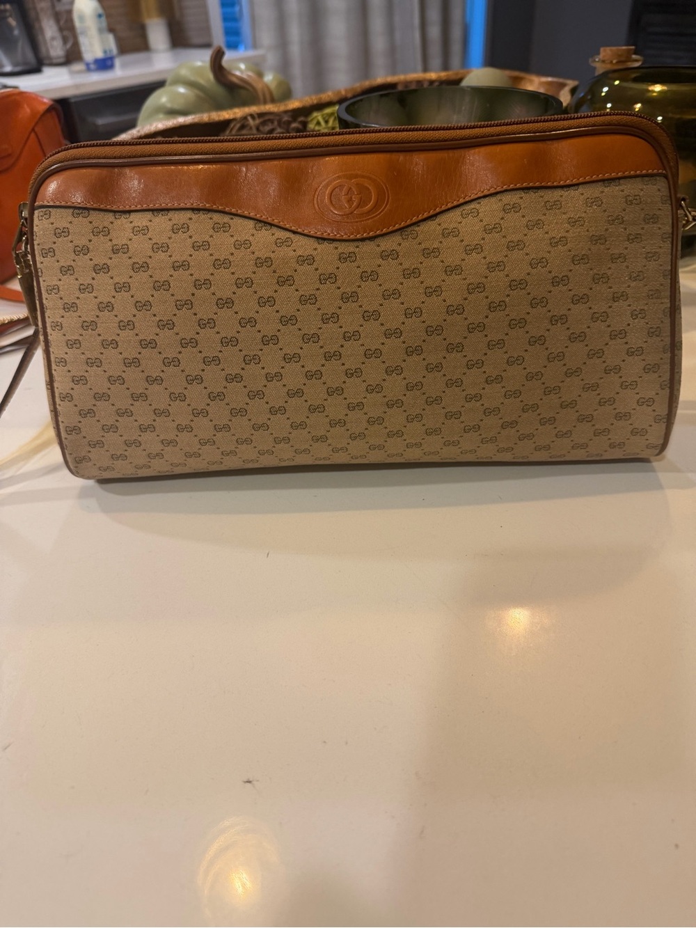 Gucci Beige Monogram Crossbody with Brown Leather Trim